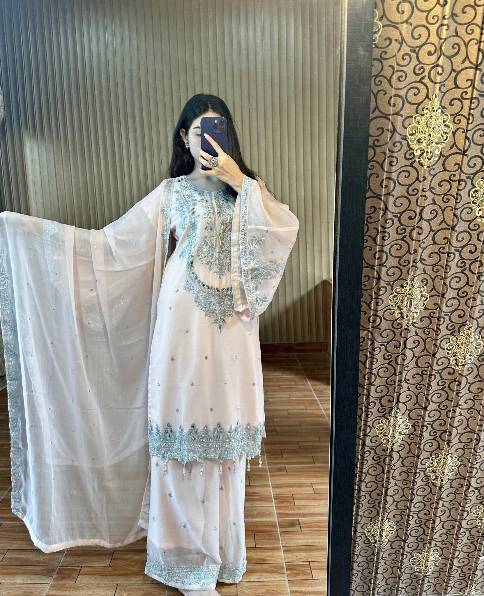 Zayna – Baby Pink Silver Embroidered Chiffon Suit - Qalbi Loom