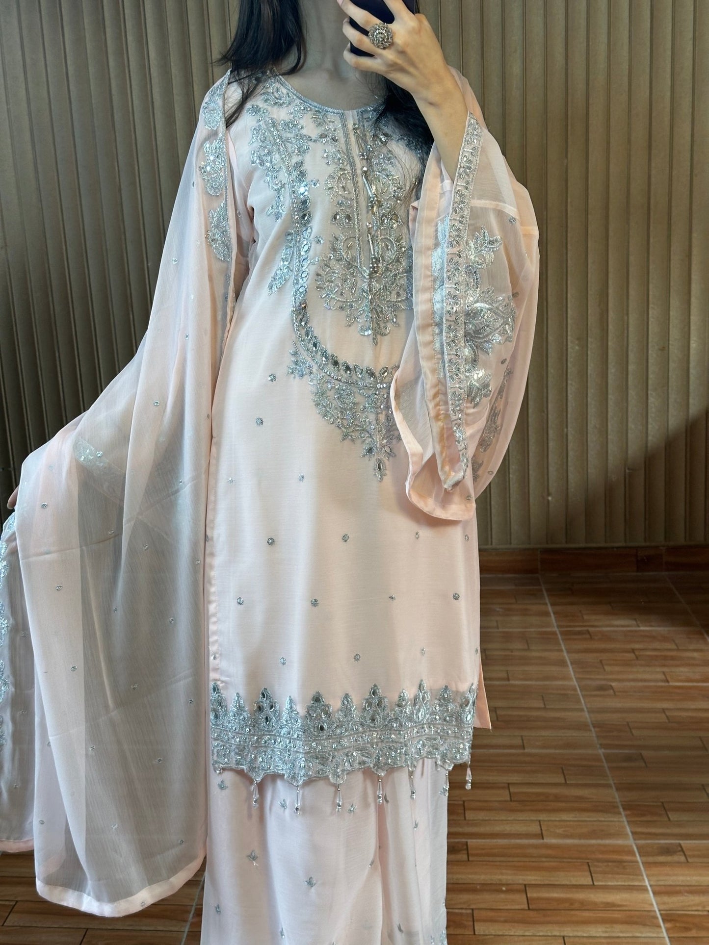 Zayna – Baby Pink Silver Embroidered Chiffon Suit - Qalbi Loom