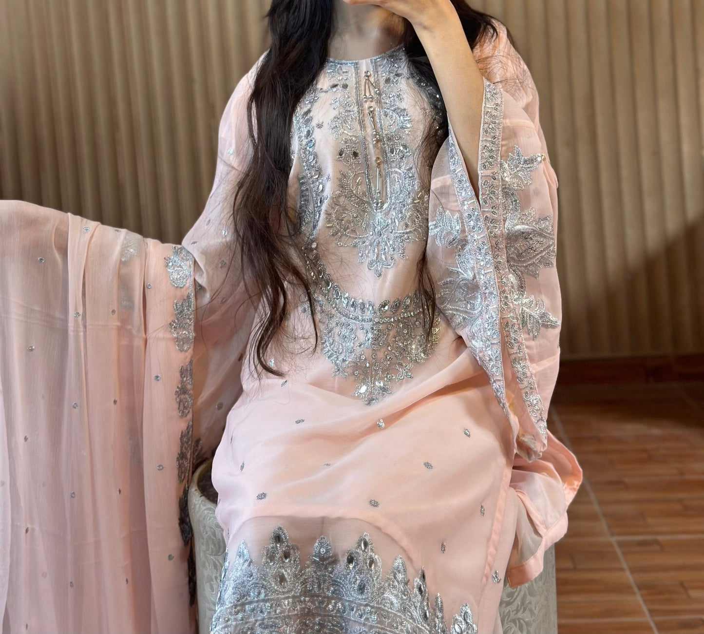 Zayna – Baby Pink Silver Embroidered Chiffon Suit - Qalbi Loom