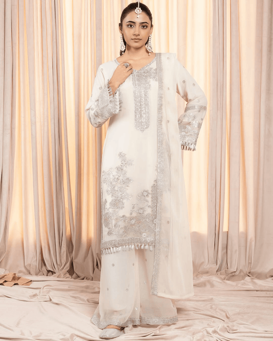 Zehra Radiance – Cream Chiffon Ensemble - Qalbi Loom